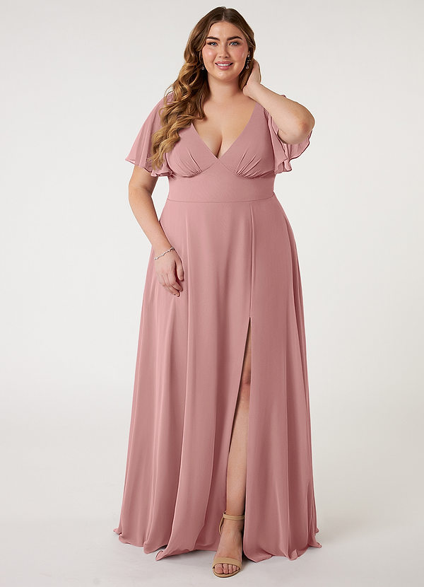 Azazie Kimber Bridesmaid Dresses Dusty Rose A-Line Flounce Sleeve Chiffon Dress image1