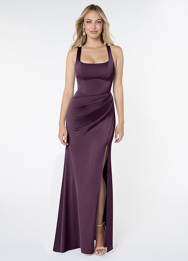 Azazie Mero Bridesmaid Dresses Plum Sheath Pleated Stretch Satin Dress image1