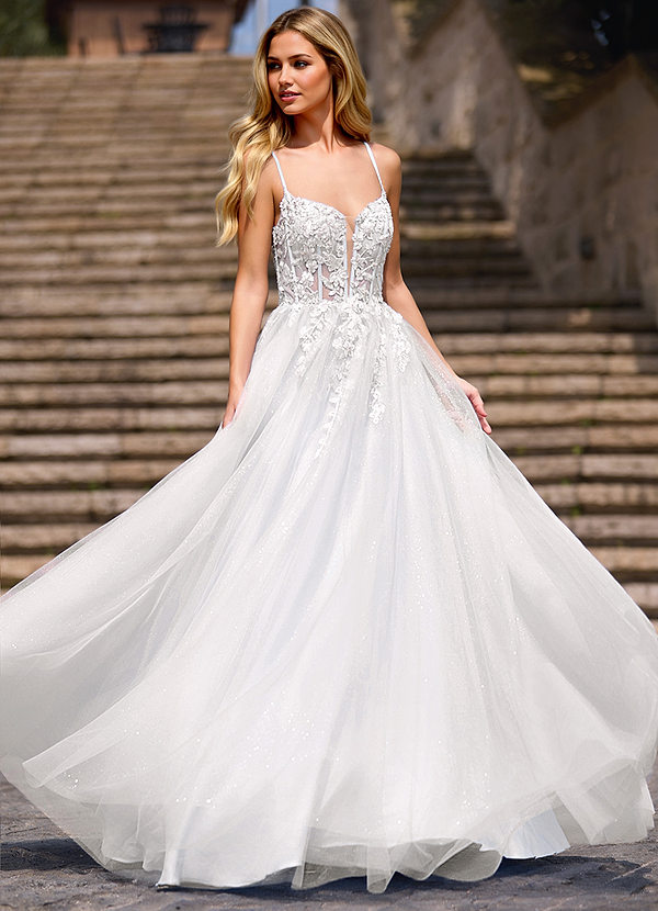 Beadwork White A-line Princess V Neck Tulle Prom Dress with Appliqued Beading image1