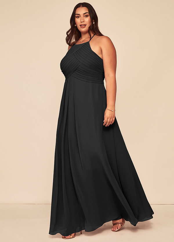 Azazie Ginger Vestidos Dama de Honor Vestido de Negro de Gasa de Corte en A con Halter Plisado image1