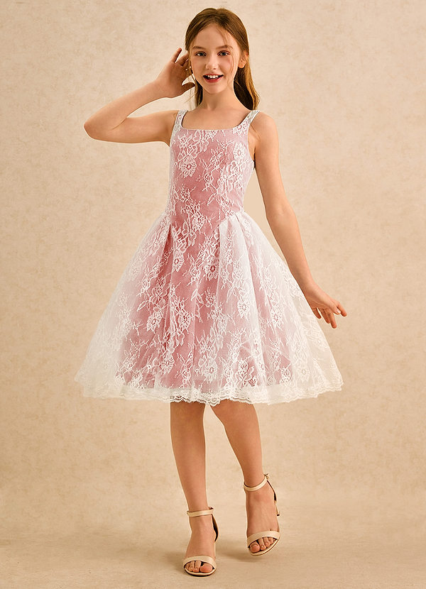Azazie Cubbie Girls Formal Blumenkinder Kleider A-Linie Spitze Kleid Lachsrosa image1
