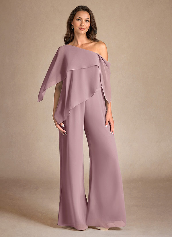 Azazie Halima Vestidos de Madre de la Novia Vestido de Rosa Polvorienta de Gasa de Mono/Traje de pantalón con Corte Lateral image1