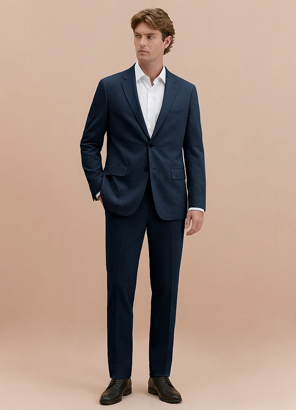 front Miles Navy Blue Seersucker Trousers Suit