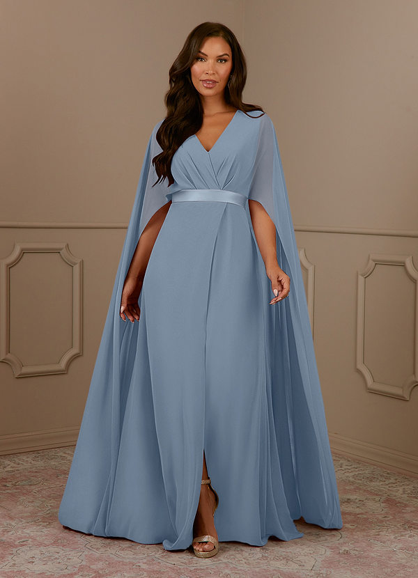 Azazie Isa Mother of the Bride Dresses Dusty Blue A-Line V-Neck Pleated Chiffon Dress image1