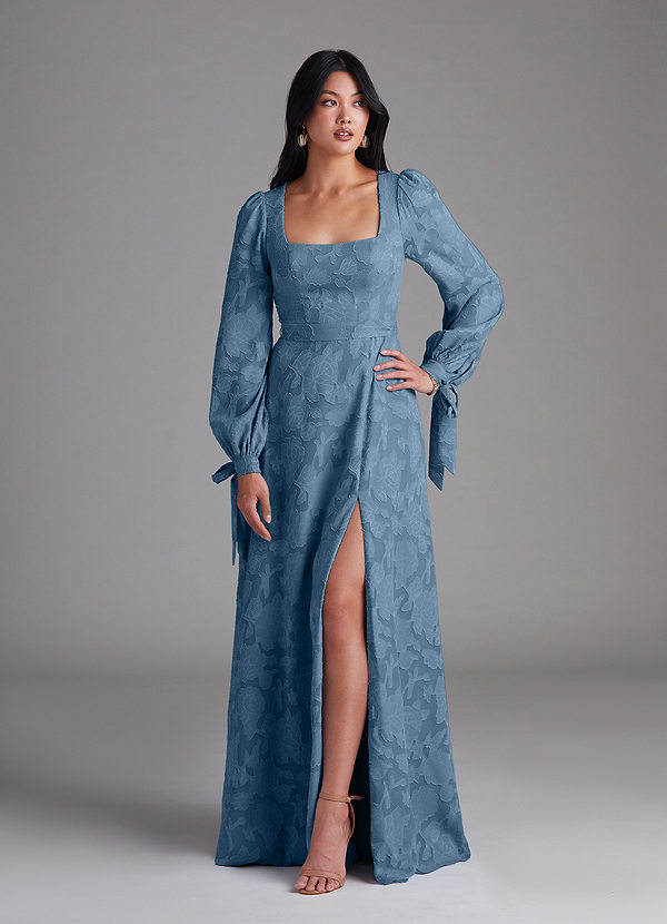 Azazie Leonia Bridesmaid Dresses Steel Blue A-Line Long Sleeve Floral Burnout Dress image1