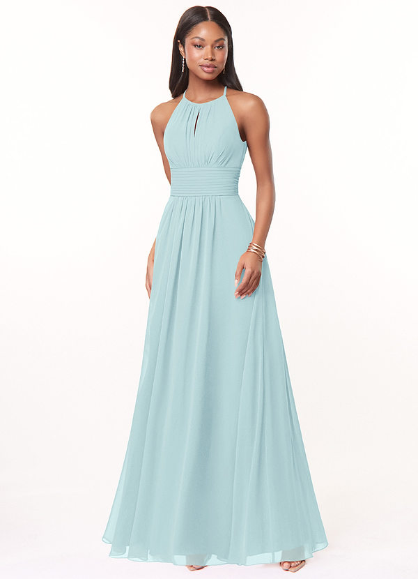 Azazie Bonnie Bridesmaid Dresses Sea Glass A-Line Keyhole Ruched Chiffon Dress image1