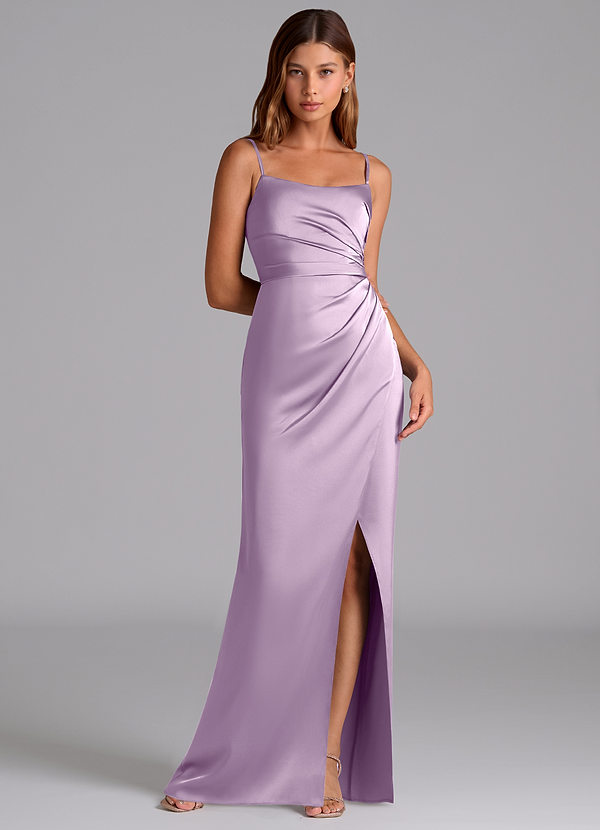 Azazie Calandra Suknie dla druhen Linia A Pofałdowany Satyna elastyczna Do ziemi Sukienka image1