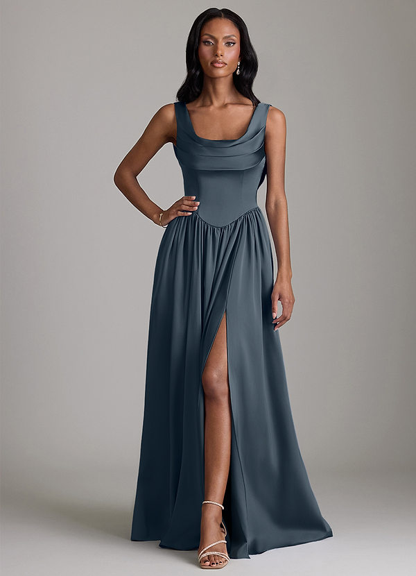 Novi Vestidos de dama de honor Vestido Crepúsculo de Satén Elástico de Línea A con con bolsillos image1