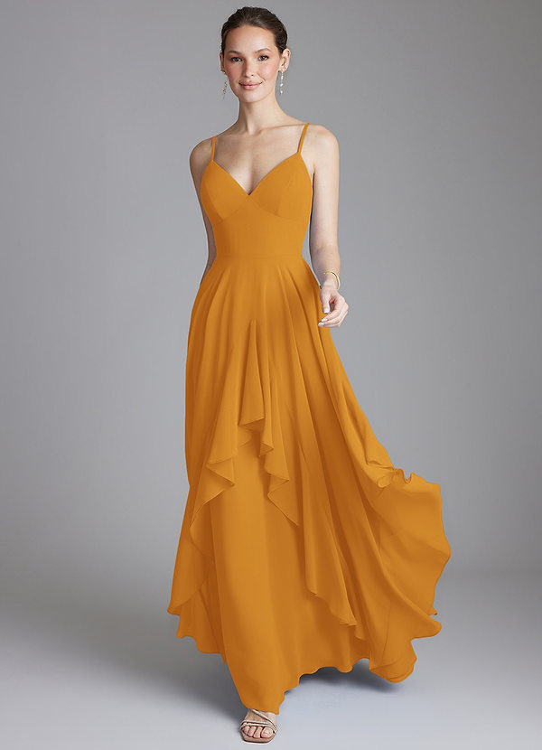 Azazie Zaina Brautjungfernkleider A-Linie Chiffon Kleid Butterscotch image1