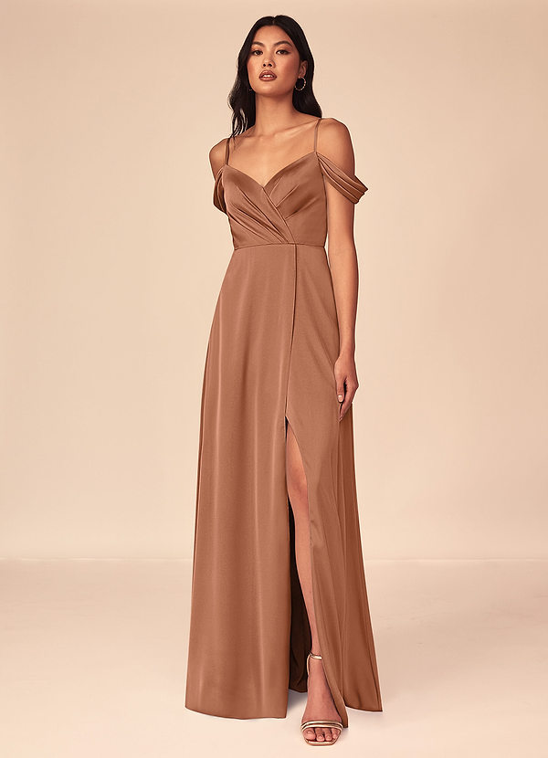 Azazie Ocean Bridesmaid Dresses Bronzer A-Line V-Neck Pleated Stretch Satin Dress image1
