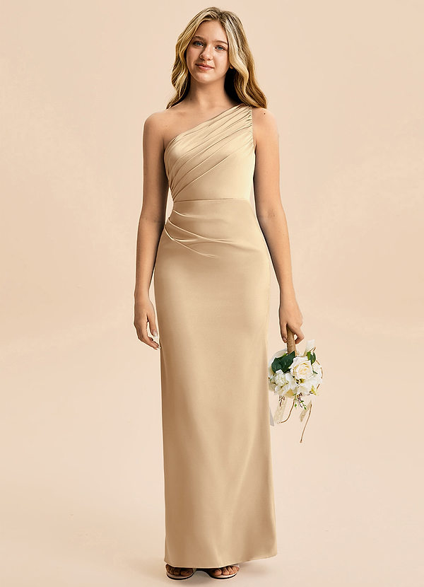 Azazie Akilah Junior Etui Plissee Stretch-Satin Kleid Champagner image1