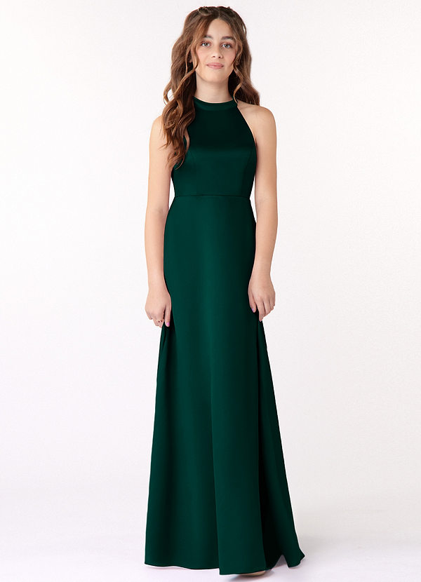 Azazie Laurel Junior Pine A-Line Matte Satin Dress image1