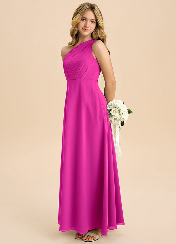Azazie Phaedra Junior Fuchsia A-Line Pleated Chiffon Dress image1