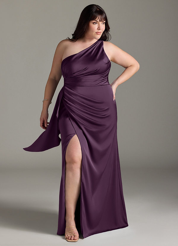 Azazie Maive Robes Demoiselle d'honneur Robe Fourreau en Satin extensible Rayé Prune image1