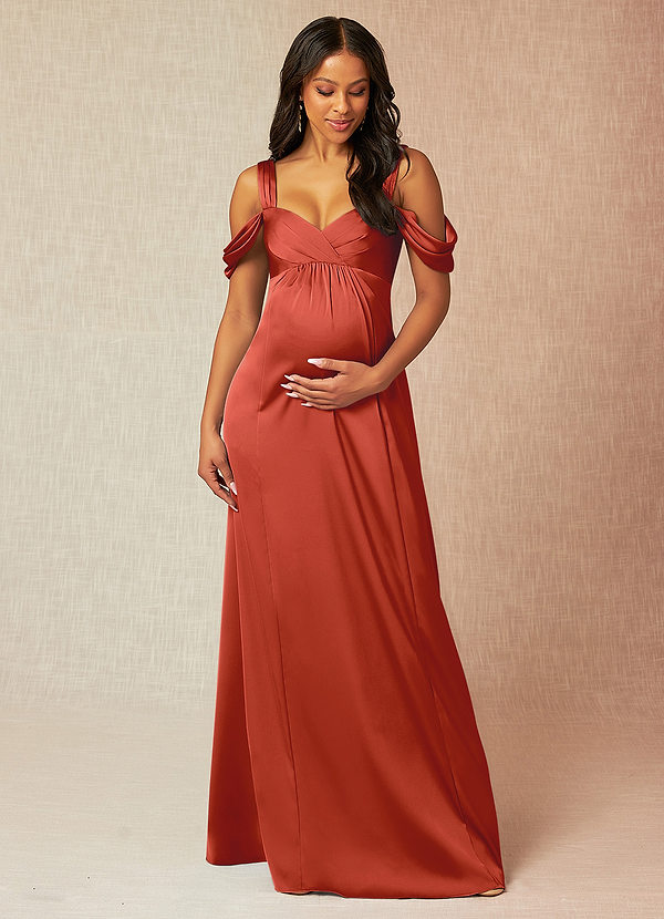 Azazie Rhea Maternity Bridesmaid Dresses A-Line Off-The-Shouler Pleated Stretch Satin Floor-Length Dress image1