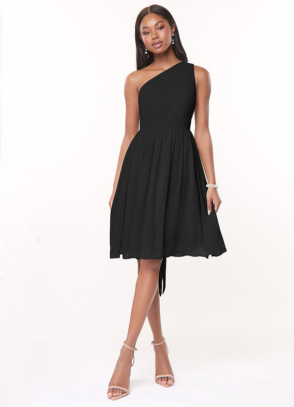 Azazie Katrina Bridesmaid Dresses Black A-Line One Shoulder Chiffon Dress image1