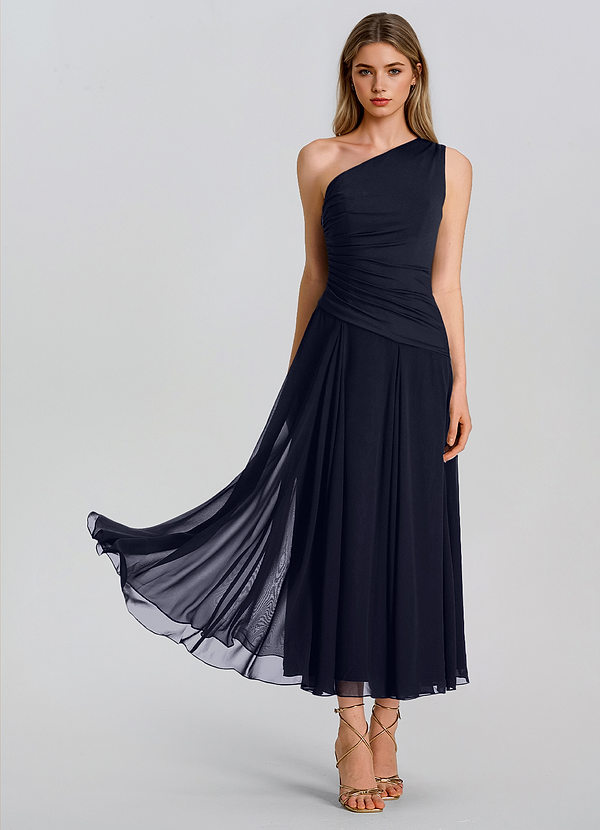 Solenne Marine Eénschouder gerimpelde chiffon midi-jurk image1