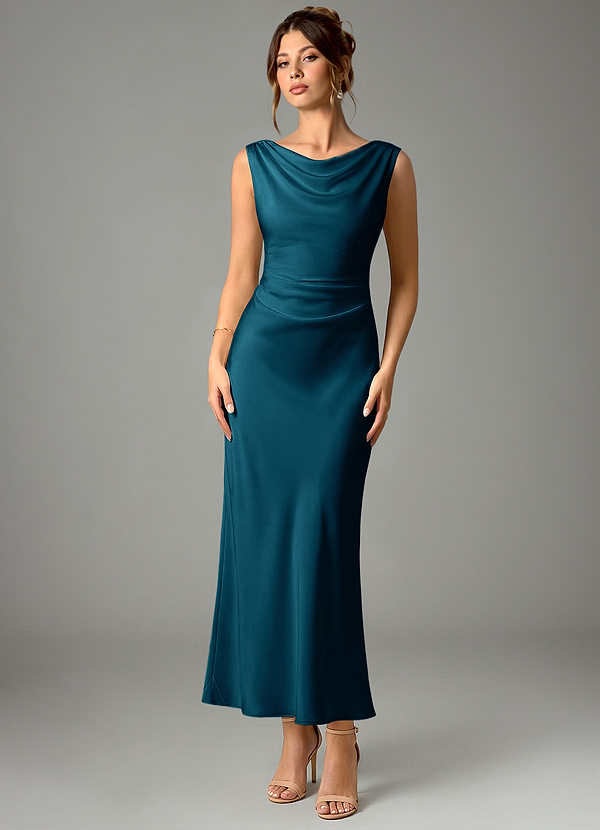 Azazie Kieryn Bridesmaid Dresses Ink Blue Mermaid Pleated Stretch Satin Dress image1