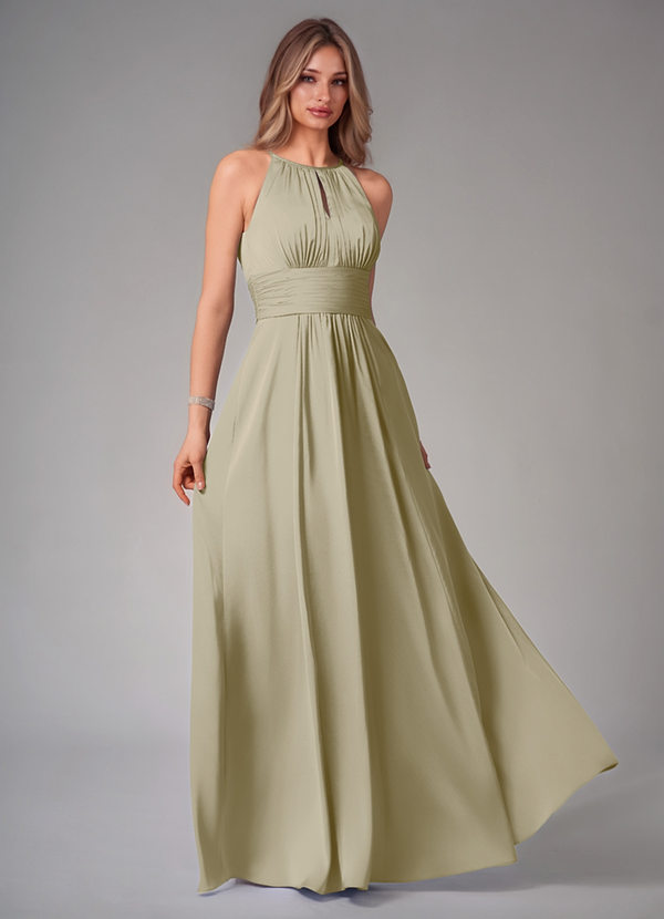 Azazie Bonnie Robes Demoiselle d'honneur Robe Trapèze en Satin extensible Plissée Vert Mousse image1