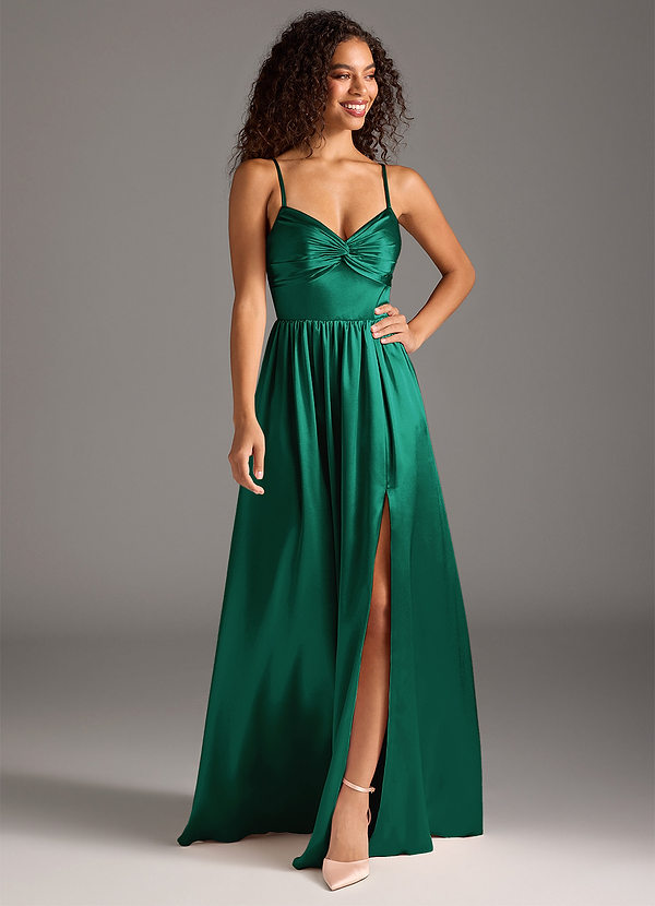 Azazie Zeya Bridesmaid Dresses Emerald A-Line Pleated Metallic Satin Dress image1