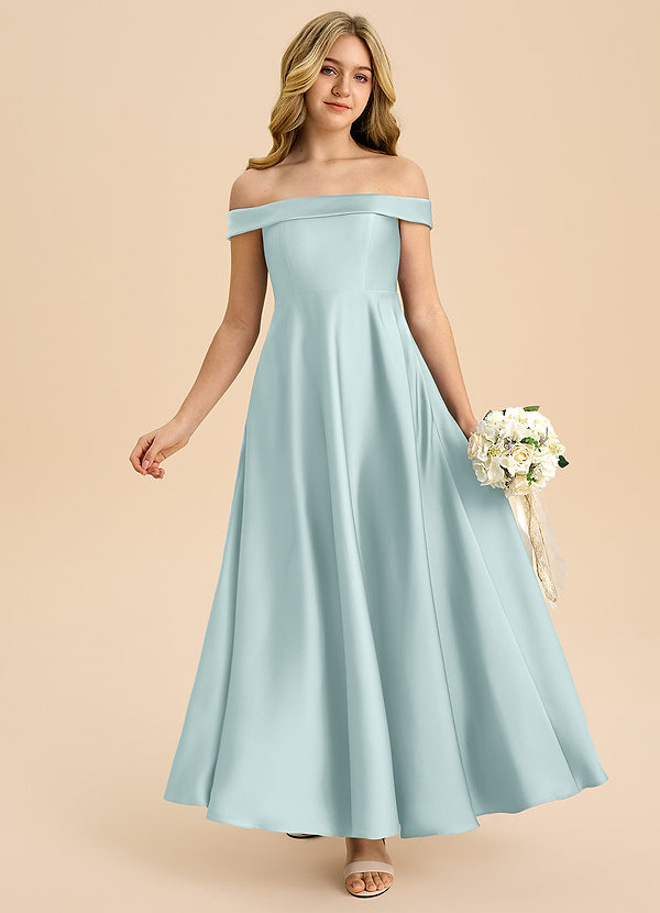 Azazie Sissy Junior Mist A-Line Off the Shoulder Stretch Satin Dress image1