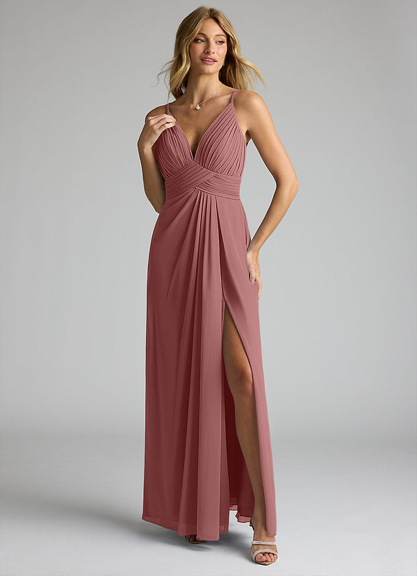 Azazie Maren Allure Bridesmaid Dresses Desert Rose A-Line V-Neck Lace Chiffon Dress image1