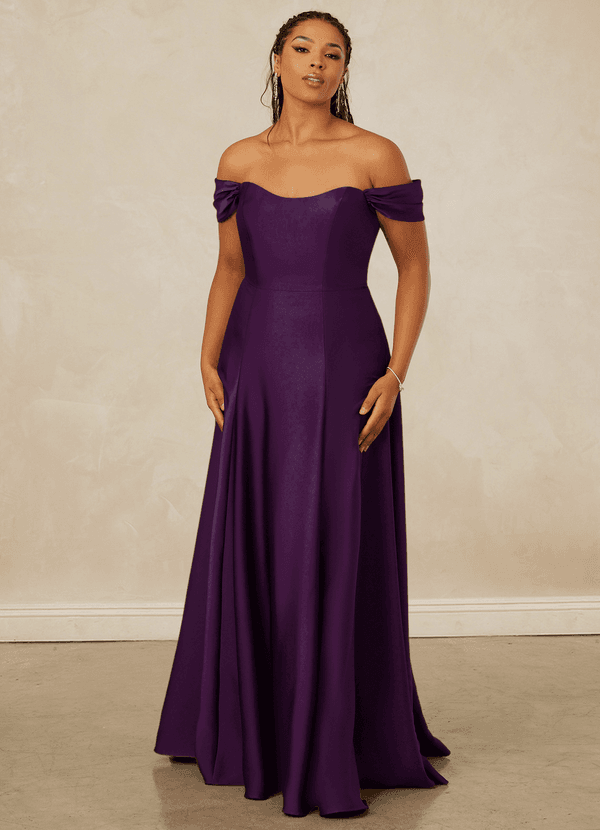 Christian Siriano Bridal for Azazie 1002 Bridesmaid Dresses Grape A-Line Off the Shoulder Stretch Satin Convertible Dress image1
