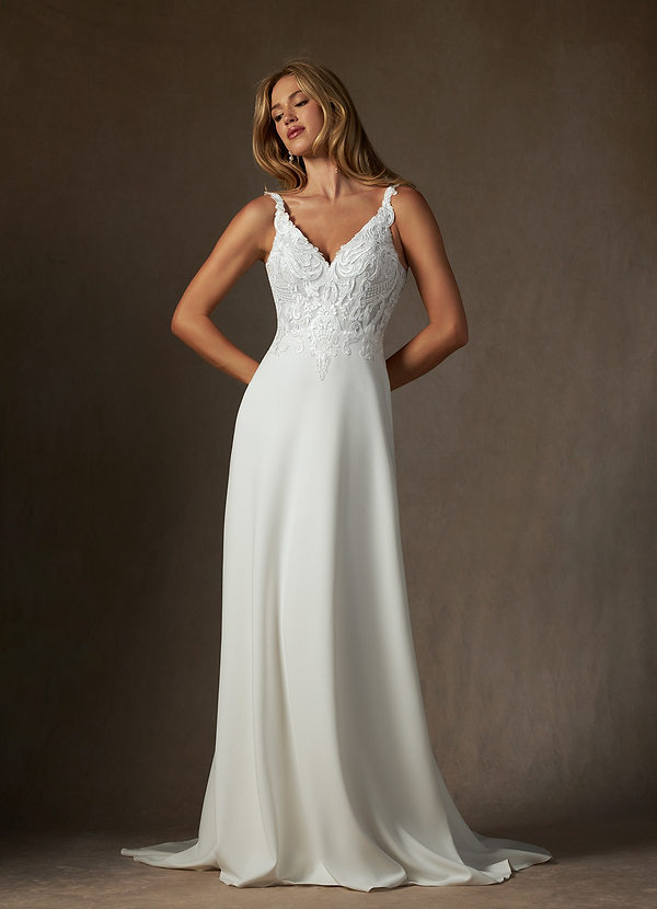 Azazie Clementina Wedding Dresses Diamond White A-Line V-Neck Sequins Stretch Crepe Dress image1