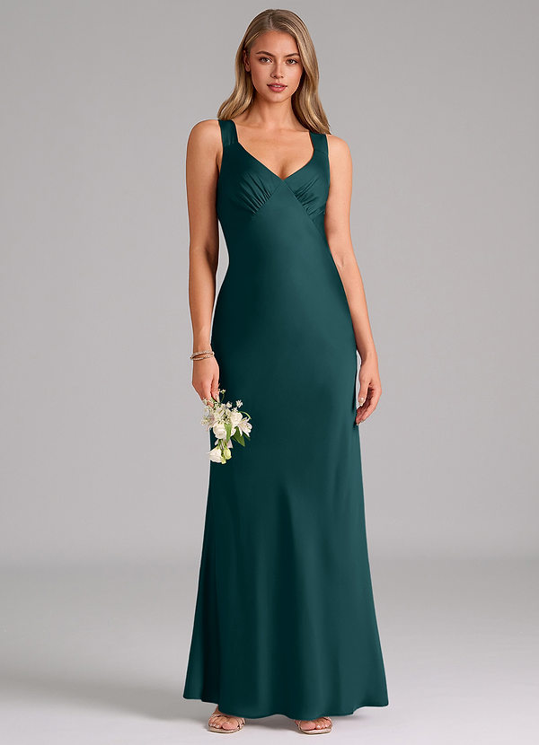 Azazie Kamila Bridesmaid Dresses Pine A-Line Pleated Stretch Satin Dress image1