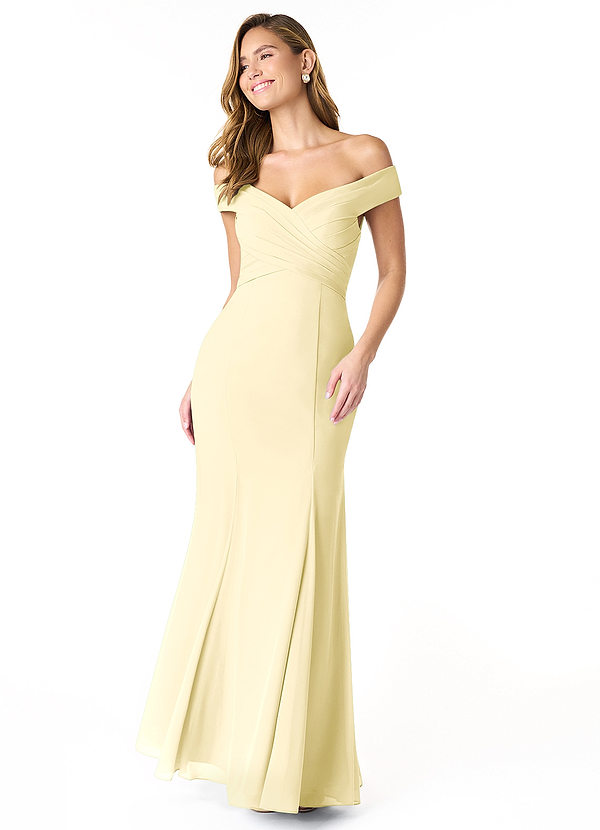Azazie Lecia Bridesmaid Dresses Lemon Sorbet Empire Off-The-Shoulder Pleated Chiffon Convertible Dress image1