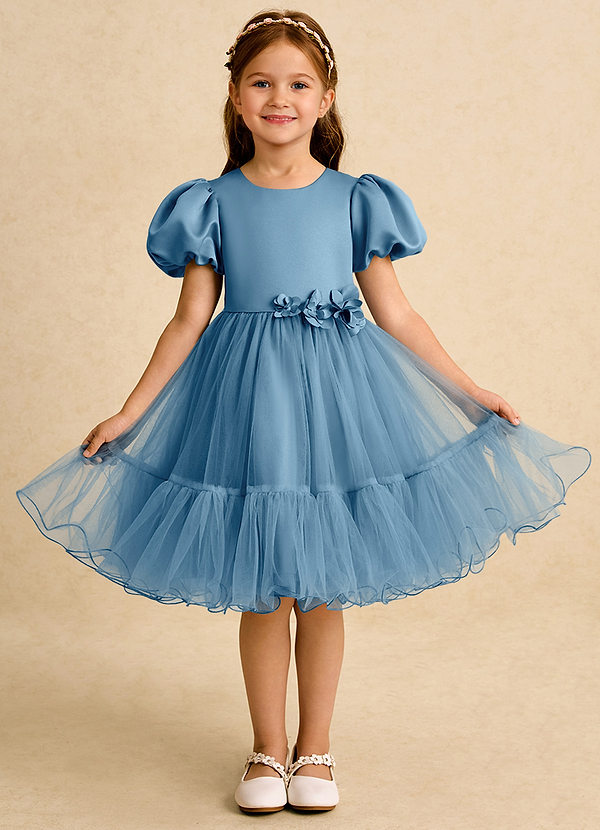 Azazie Cocoa Vestidos de Niña de Flores Vestido de Azul Acero de Tul de Princesa con Plisado image1
