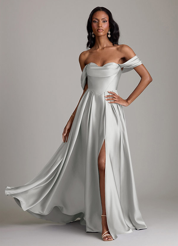 Azazie Loisa Abiti da Damigella Abito A-Line in Raso Elasticizzato a Spalla Scoperta Argento image1