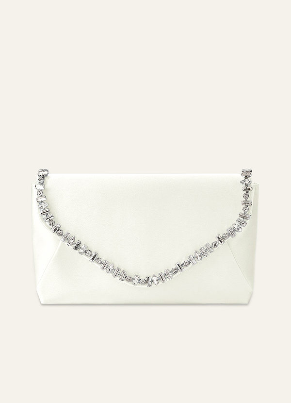 front Matching Color Crystal Trim Satin Evening Clutch Bag with Chain Strap