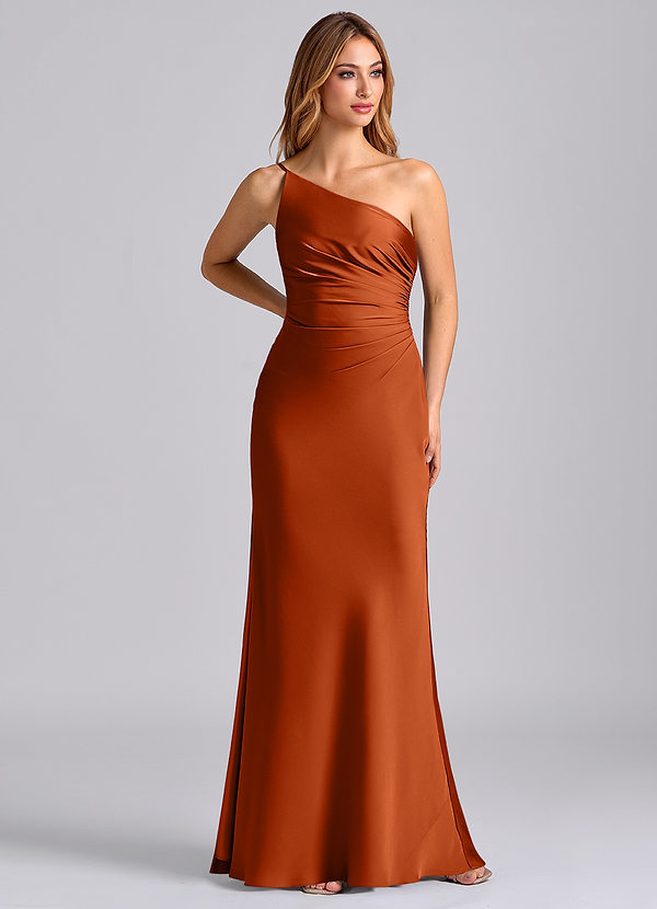 Azazie Marseli Bridesmaid Dresses Burnt Orange Mermaid One Shoulder Stretch Satin Dress image1