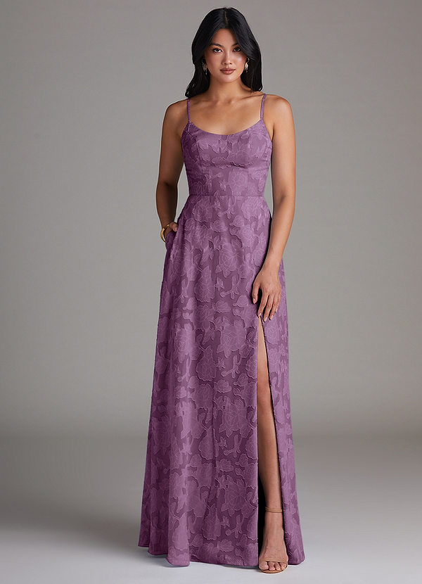 Azazie Moira Bridesmaid Dresses Wisteria A-Line Side Slit Floral Burnout Dress image1