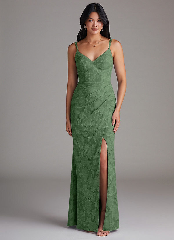 Azazie Leo Bridesmaid Dresses Eucalyptus Sheath Pleated Floral Burnout Dress image1