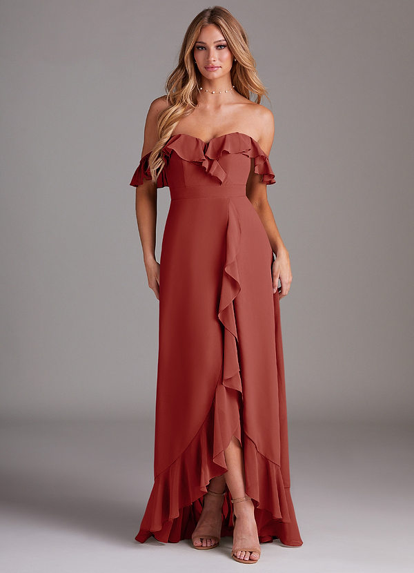 Azazie Lyra Robes Demoiselle d'honneur Robe Trapèze Convertible en Mousseline de soie Terracotta image1