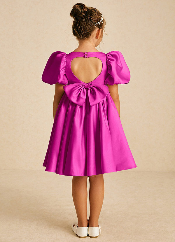Azazie Muffin Flower Girl Dresses Fuchsia A-Line with Sleeves Matte Satin Dress image1
