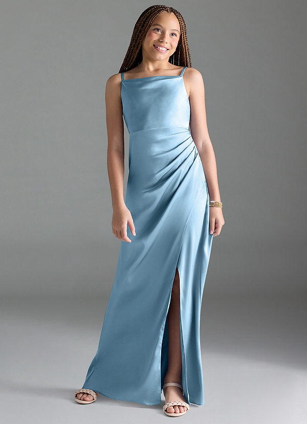 Azazie Leonis Junior Steel Blue A-Line Pleated Stretch Satin Dress image1