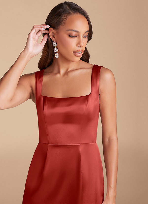 Azazie Flori Bridesmaid Dresses Rust Sheath Side Slit Metallic Satin Dress image1