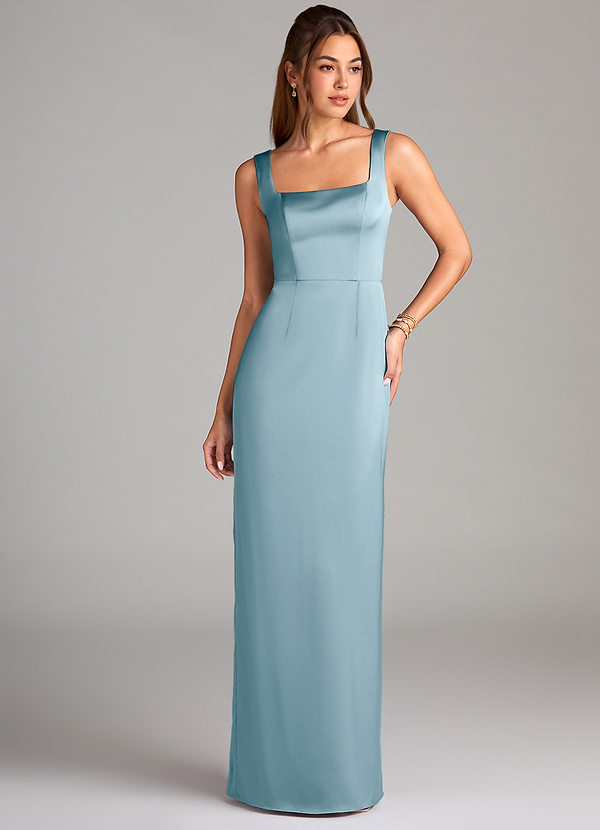 Azazie Flori Bridesmaid Dresses Moody Blue Sheath Side Slit Stretch Satin Dress image1