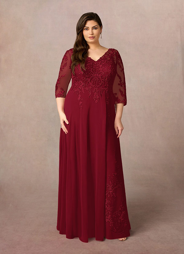 Azazie Noella Mother of the Brides Dresses Burgundy A-Line V-Neck Lace Chiffon Dress image1