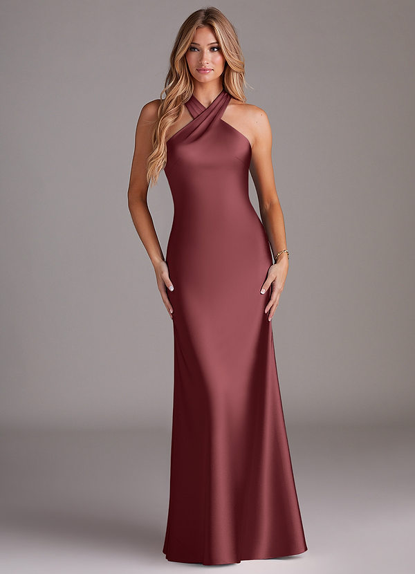 Azazie Doretta Bridesmaid Dresses Merlot Mermaid Pleated Stretch Satin Dress image1