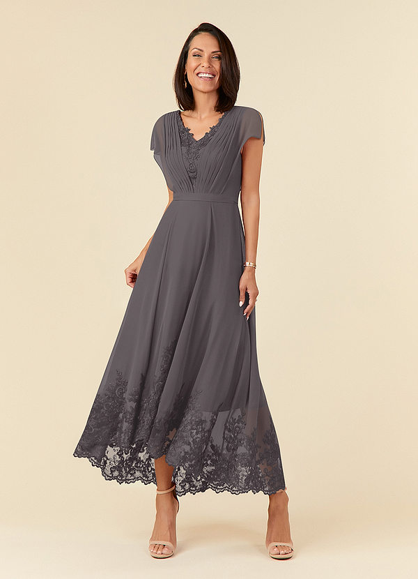Azazie Palana Abiti da Mamma Sposa Abito A-Line in Chiffon Pizzo Grigio Acciaio image1