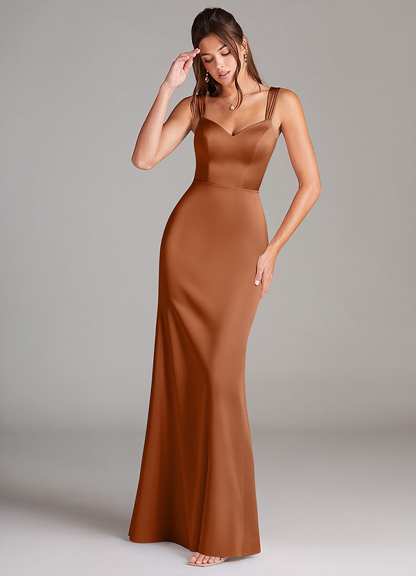 Azazie Denice Bridesmaid Dresses Copper Sheath Pleated Stretch Satin Dress image1