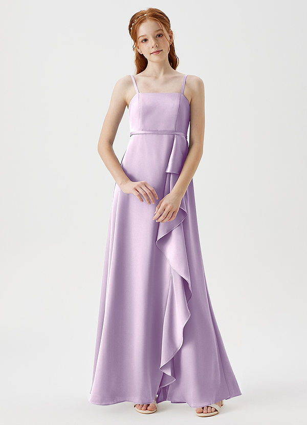Azazie Kaylee Junior Robe Trapèze en Satin extensible avec ceinture Frostiges Flieder image1