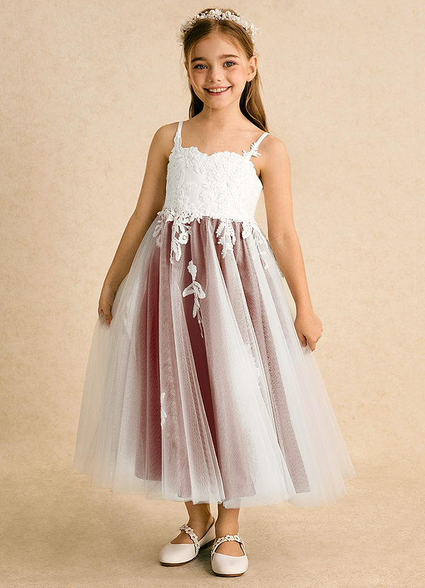 Azazie Coraline Flower Girl Dresses Ivory Auburn A-Line Lace Dress image1