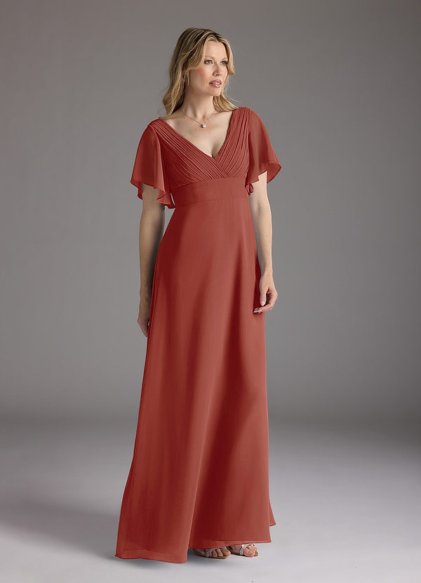 Azazie Alessa Robe Mère de la Mariée & du Marié Robe Trapèze en Mousseline de soie Col V plissé Terracotta image1