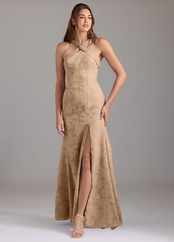 Azazie Rue Abiti da Damigella Abito A-Line in Burnout Floreale Plissettato Champagne image1