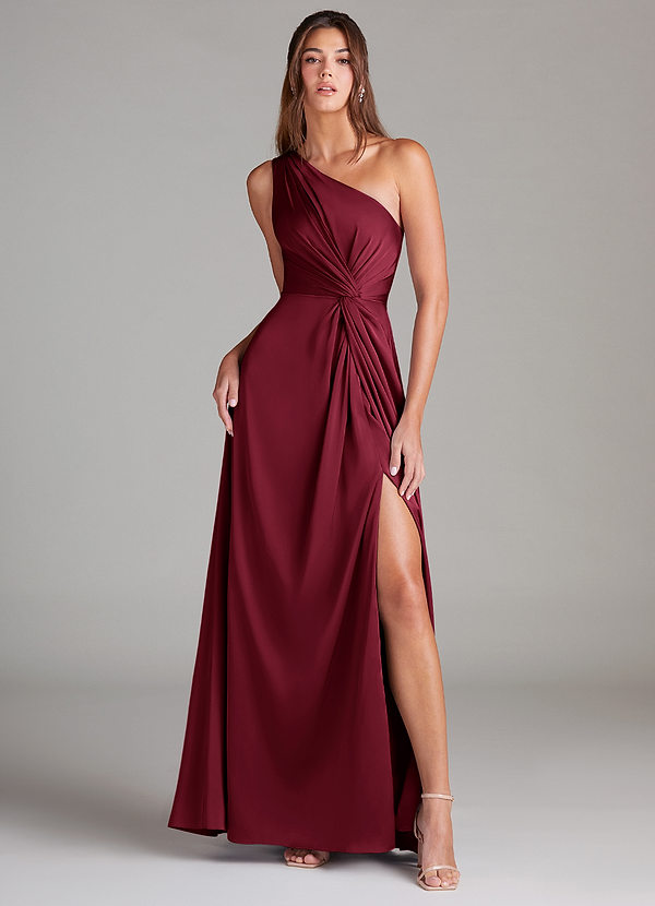 Brooke Bridesmaid Dresses Burgundy A-Line One Shoulder Stretch Satin Dress image1